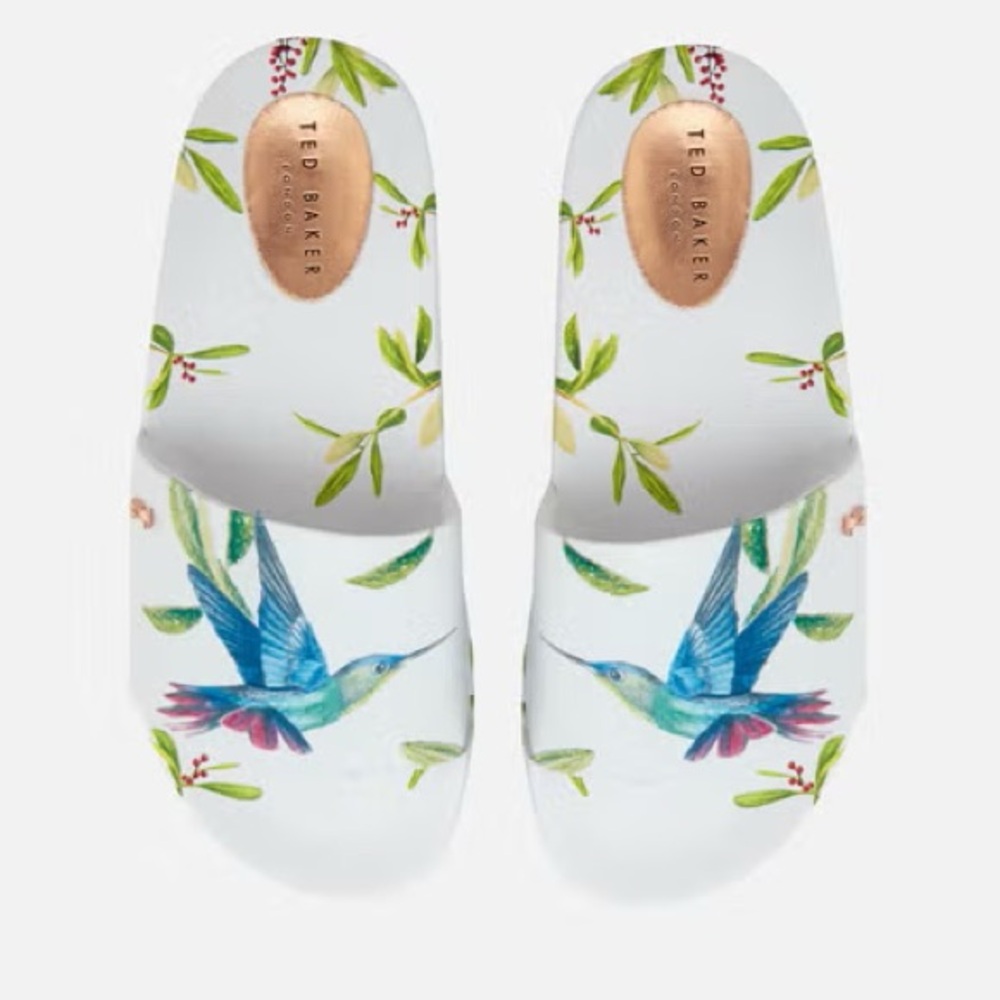 Ted Baker White Slides with Hummingbird and Floral Design